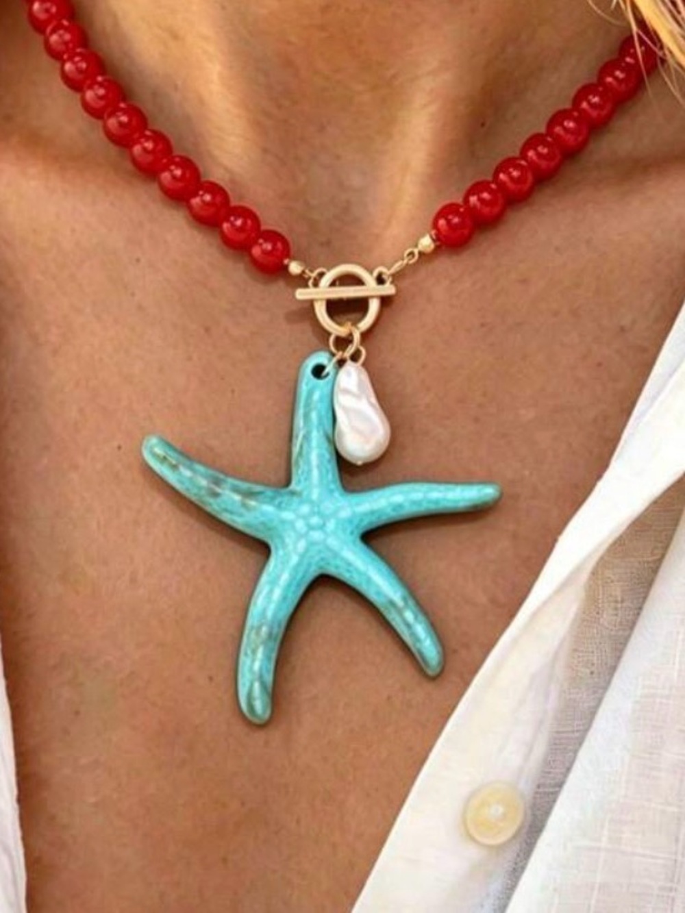 Turquoise Starfish Pendant Necklace with Red Beaded Strand and Pearl NIB